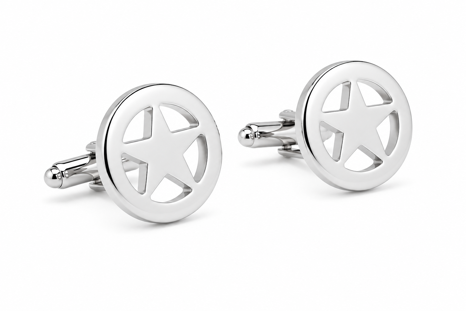 Silver star-shaped cufflinks on a white background