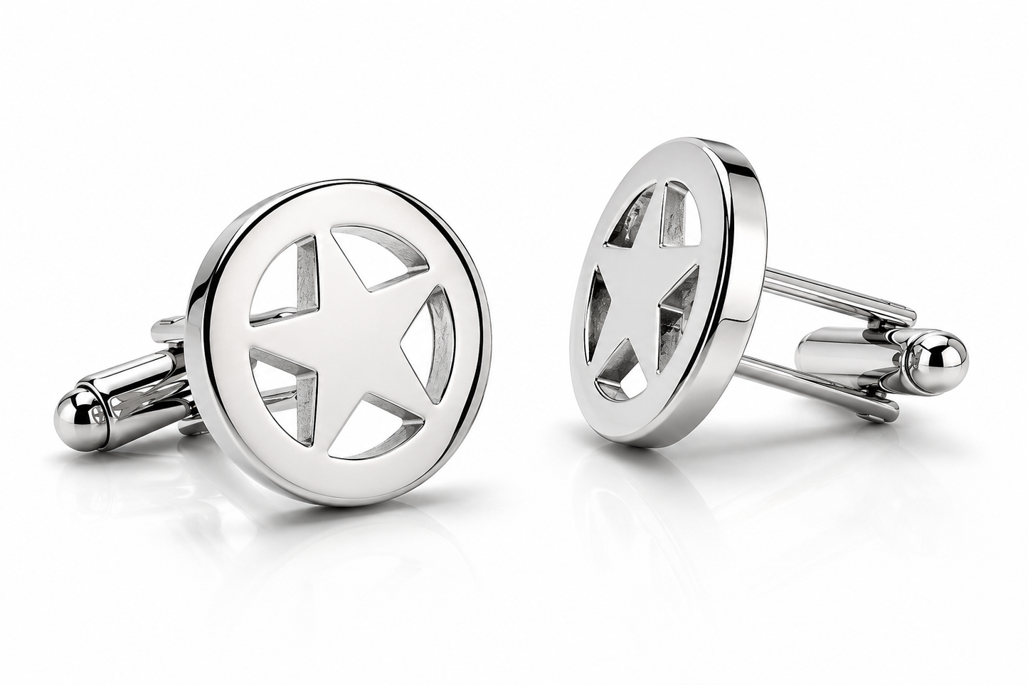 Silver star-shaped cufflinks on a white background