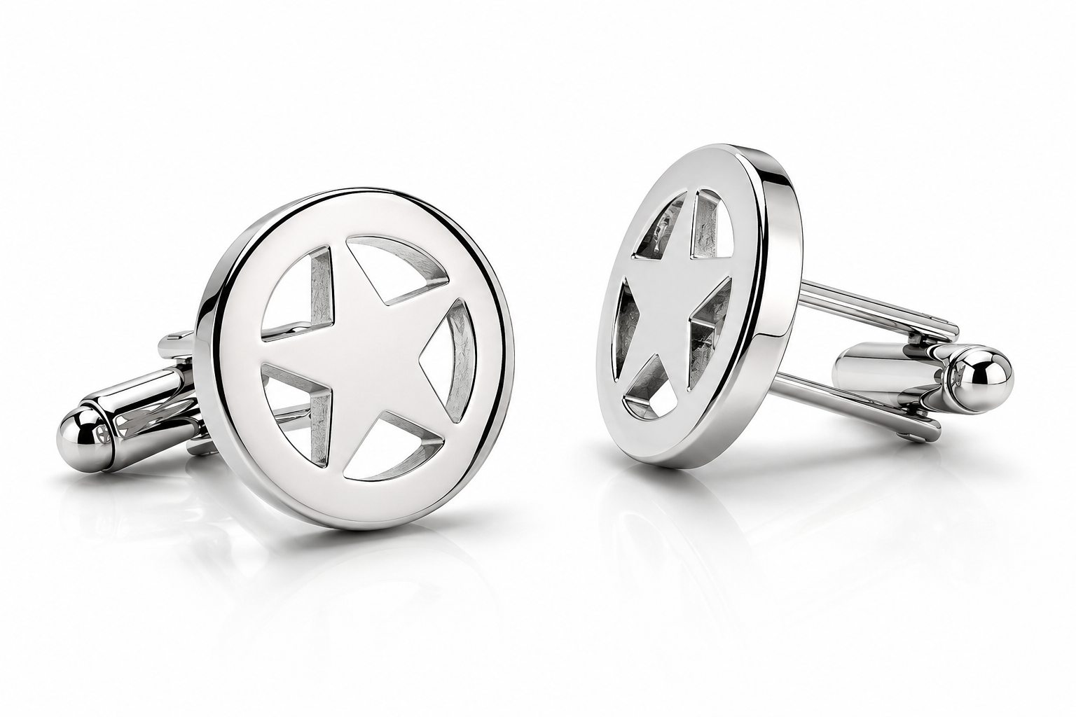 Silver star-shaped cufflinks on a white background