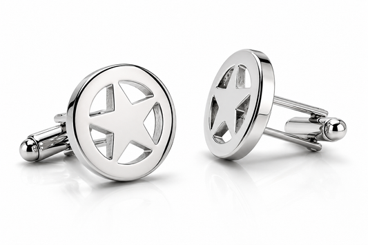 Silver star-shaped cufflinks on a white background