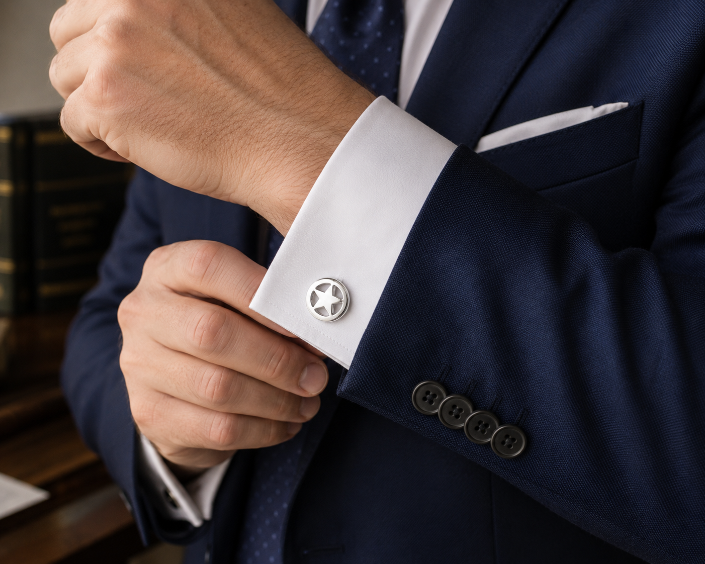 Person adjusting a cufflink on a navy suit with a blurred background