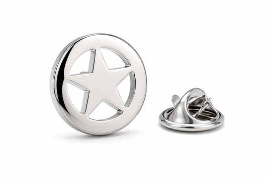 Silver star-shaped lapel pin on a white background