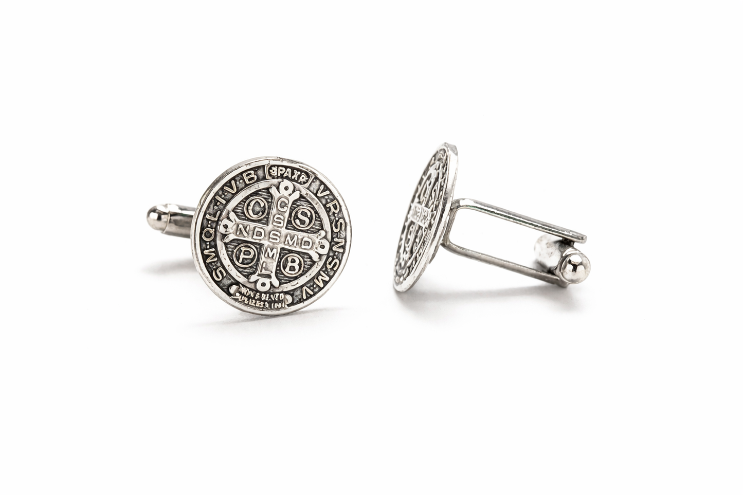 Silver St Benedict Catholic cufflinks bullet back closure