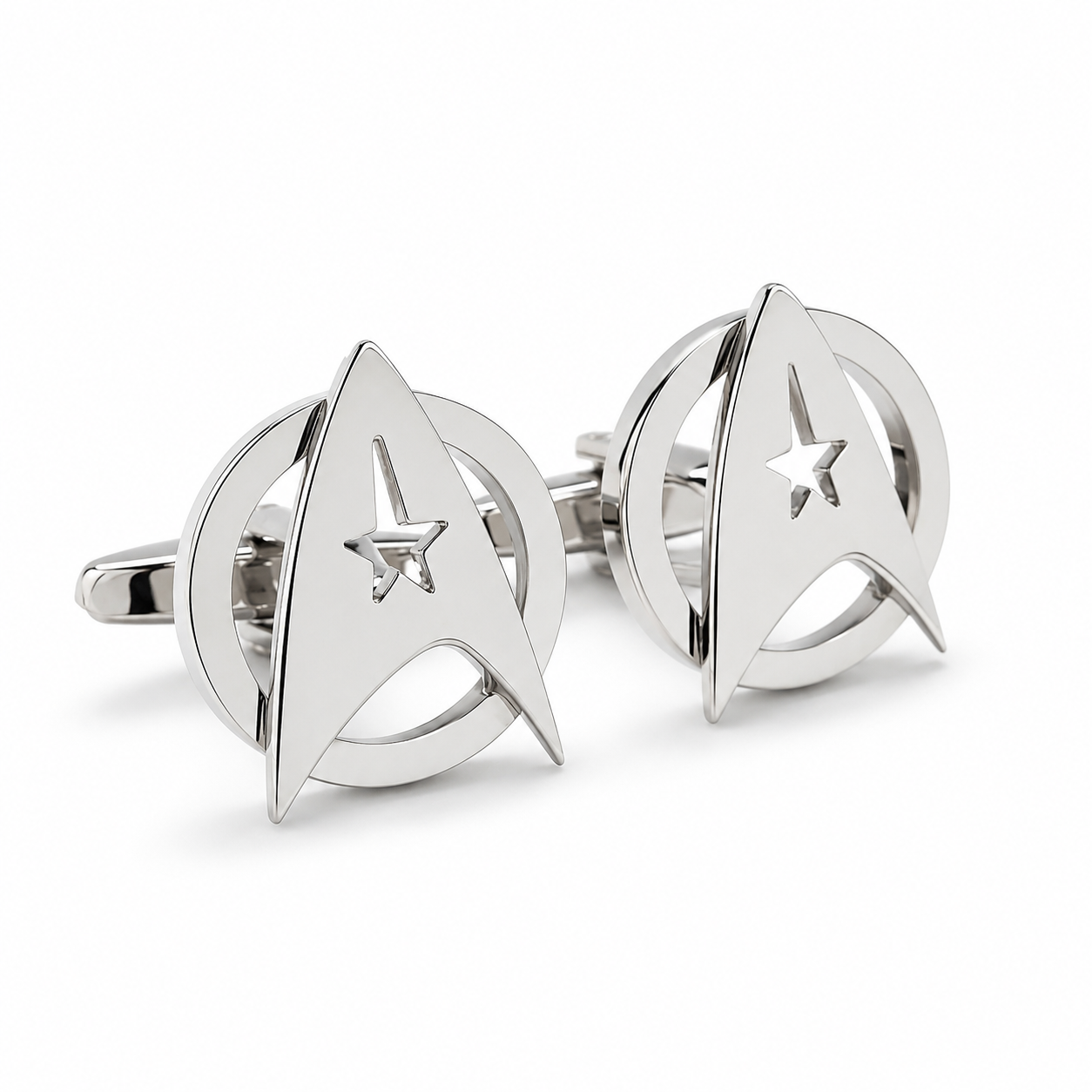 Silver Starfleet cufflinks on a white background