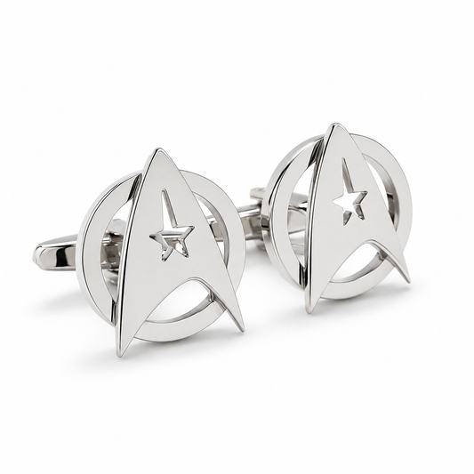 Silver Starfleet cufflinks on a white background