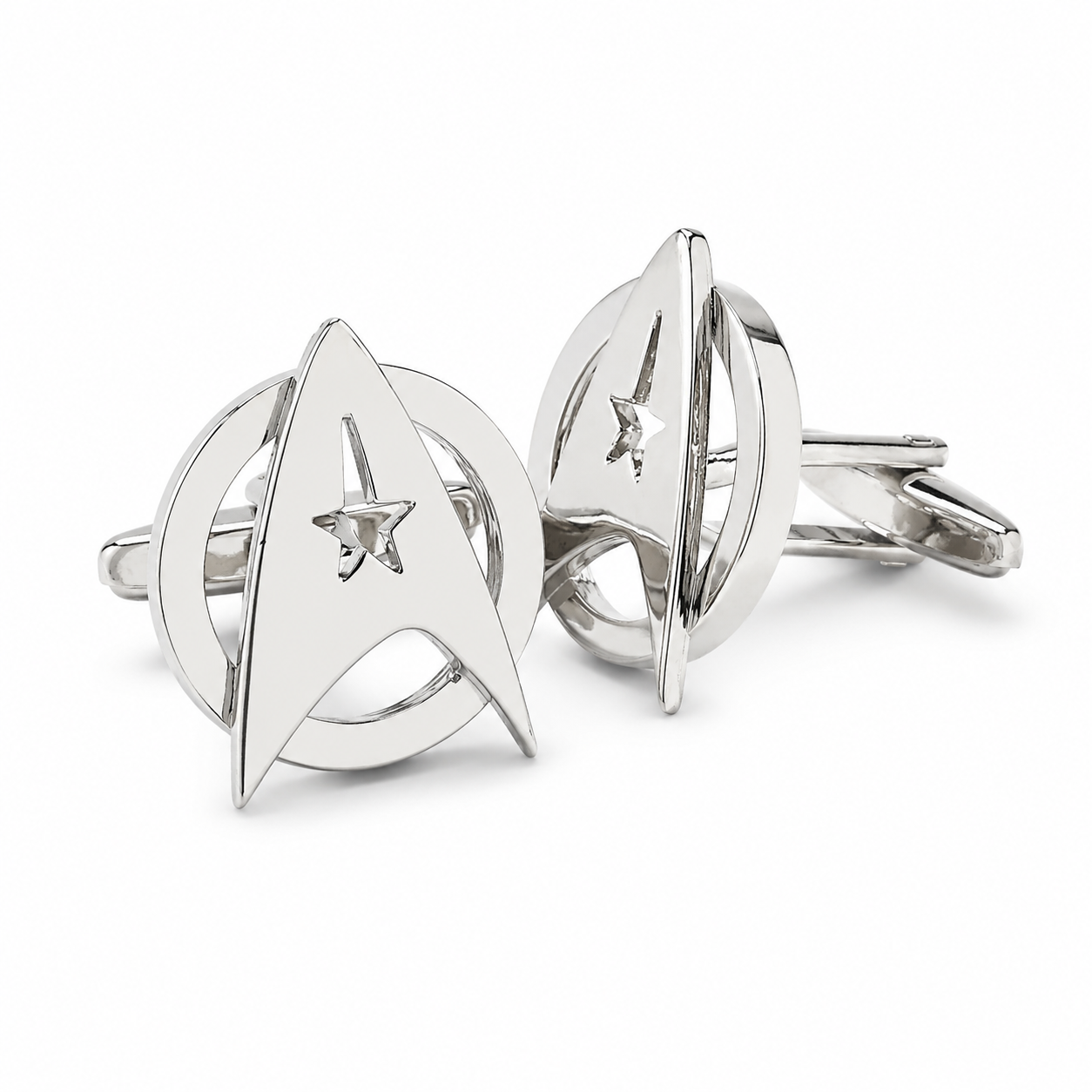 Silver cufflinks with a starfleet insignia design on a white background