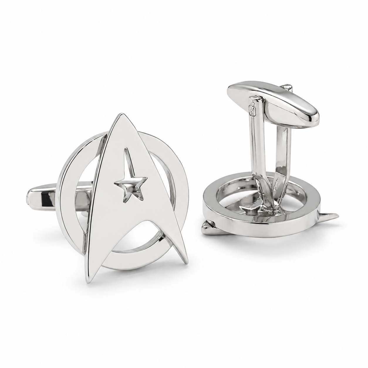 Silver Star Trek cufflinks on a white background