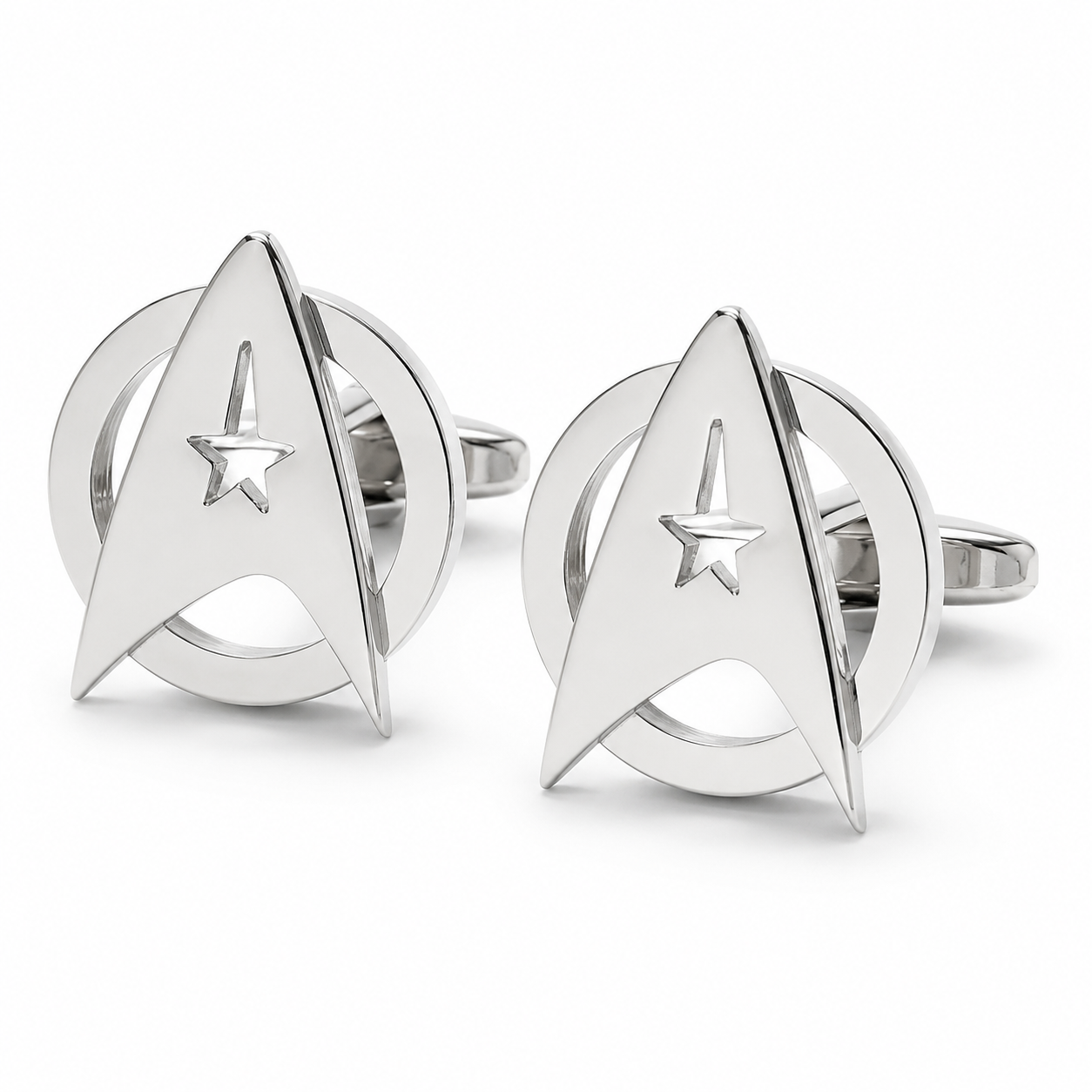 Silver Star Trek cufflinks on a white background