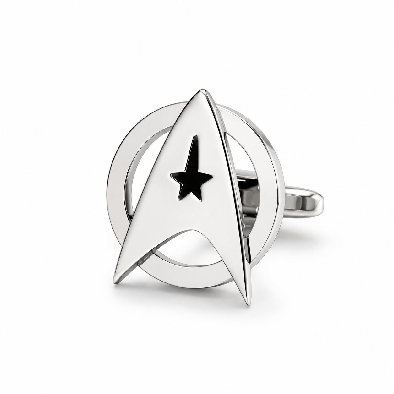 Silver Starfleet Command cufflinks featuring a polished silver delta emblem design on a white background, perfect for science fiction fans and formal wear enthusiasts.