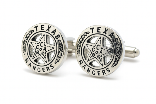 Silver Texas Rangers cufflinks on a white background