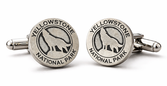 Silver Yellowstone National Park cufflinks on a white background