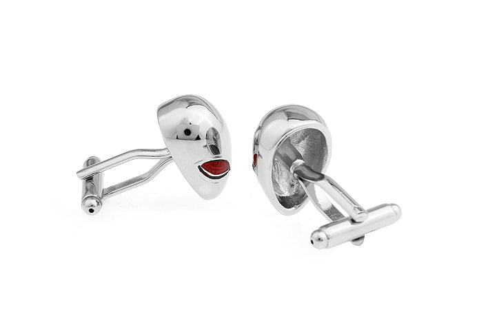 Silver alien head cufflinks with red eyes – sci-fi novelty men’s accessories