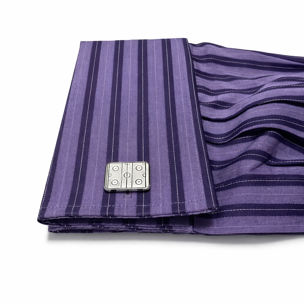Men’s hockey cufflinks worn with suit and dress shirt