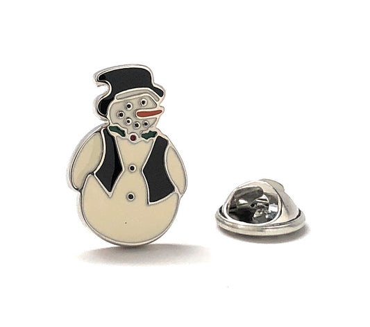 Snowman-shaped lapel pin on a white background