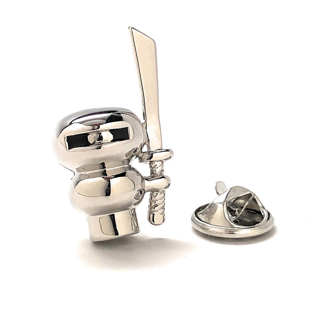 Silver Space Ninja Lapel Pin holding a katana with clutch backing – glossy metal novelty pin by JayPins