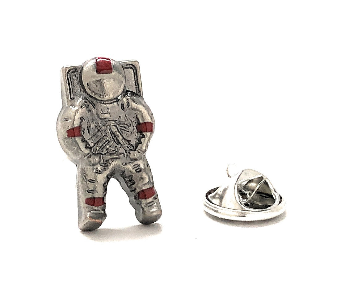 Silver Astronaut lapel pin with red suit accents and butterfly clutch backing displayed on white background