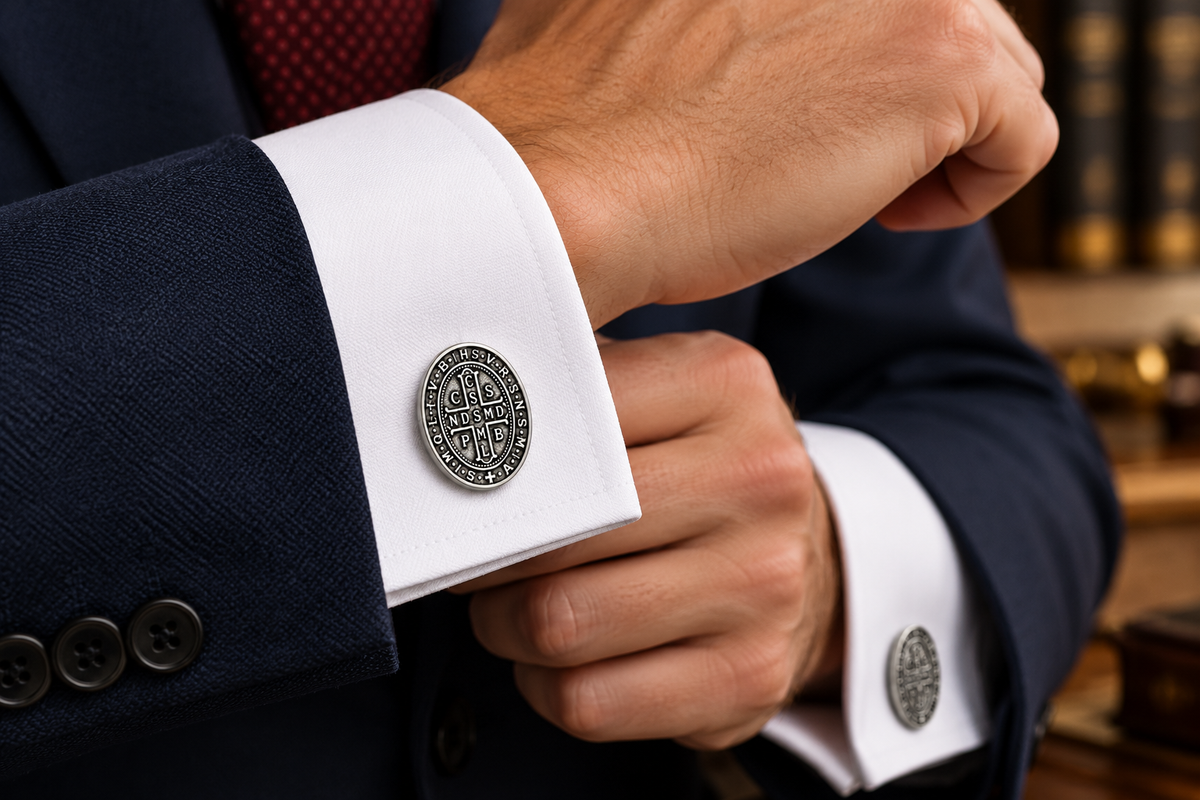 A close-up of a man's hands adjusting a white dress shirt cuff with a round silver-toned embossed cufflink, wearing a navy suit jacket and a red patterned tie.