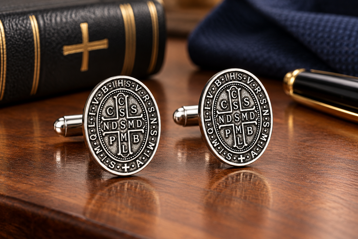 A pair of round silver-toned cufflinks with an embossed classical seal and Latin text, displayed on a polished wooden desk next to a black leather-bound book with gold trim, a navy blue cloth, and a black-and-gold pen.