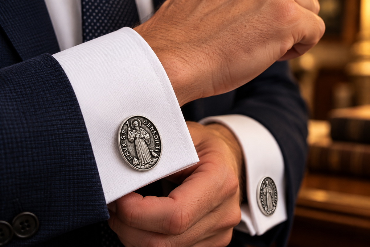 St. Benedict Medal Cufflinks blue suit
