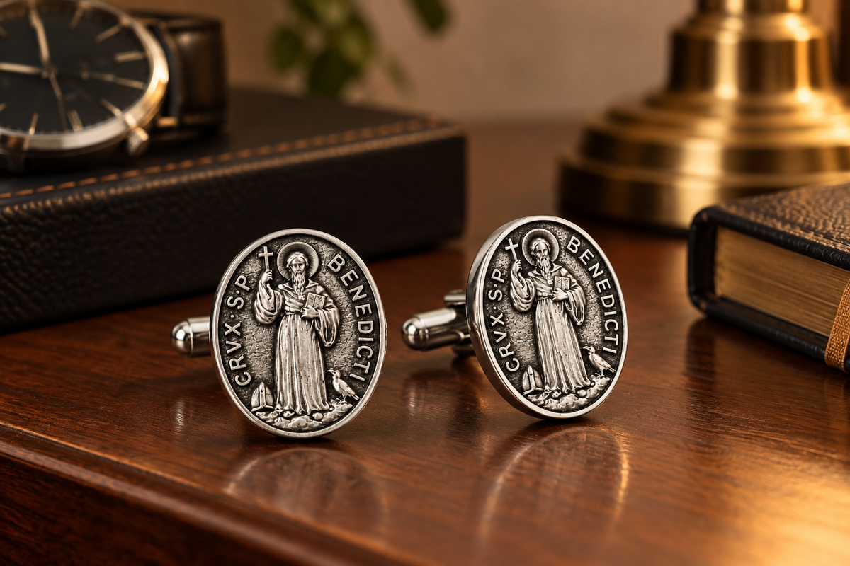 St. Benedict Medal Cufflinks nightstand