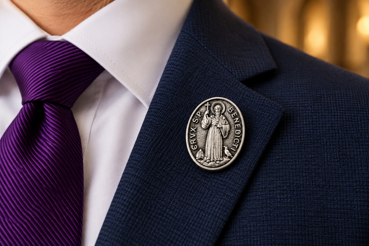 St. Benedict Lapel Pin for Men suit