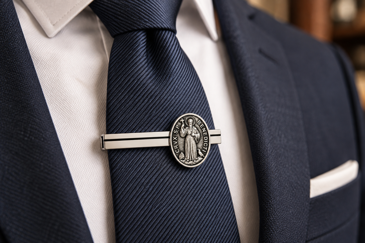 St. Benedict Medal Tie Clip  blue suit