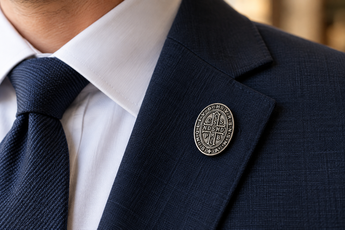 St. Benedict Cross Medal Lapel Pin blue suit