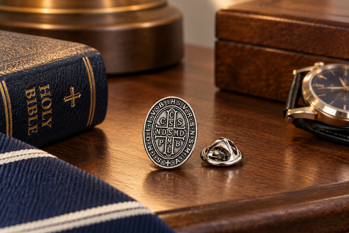 St. Benedict Cross Medal Lapel Pin nightstand