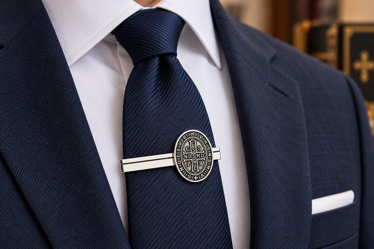 St. Benedict Cross Medal Tie Clip blue suit