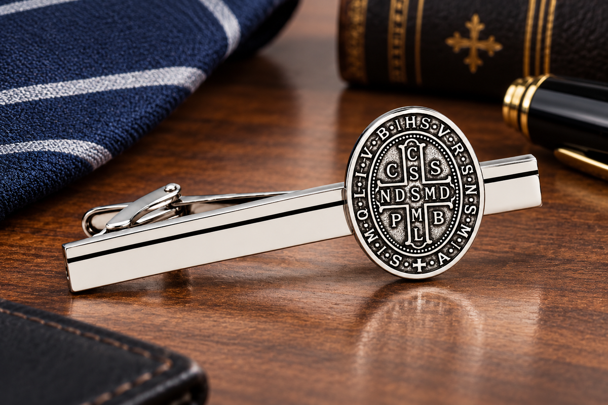 St. Benedict Cross Medal Tie Clip night stand