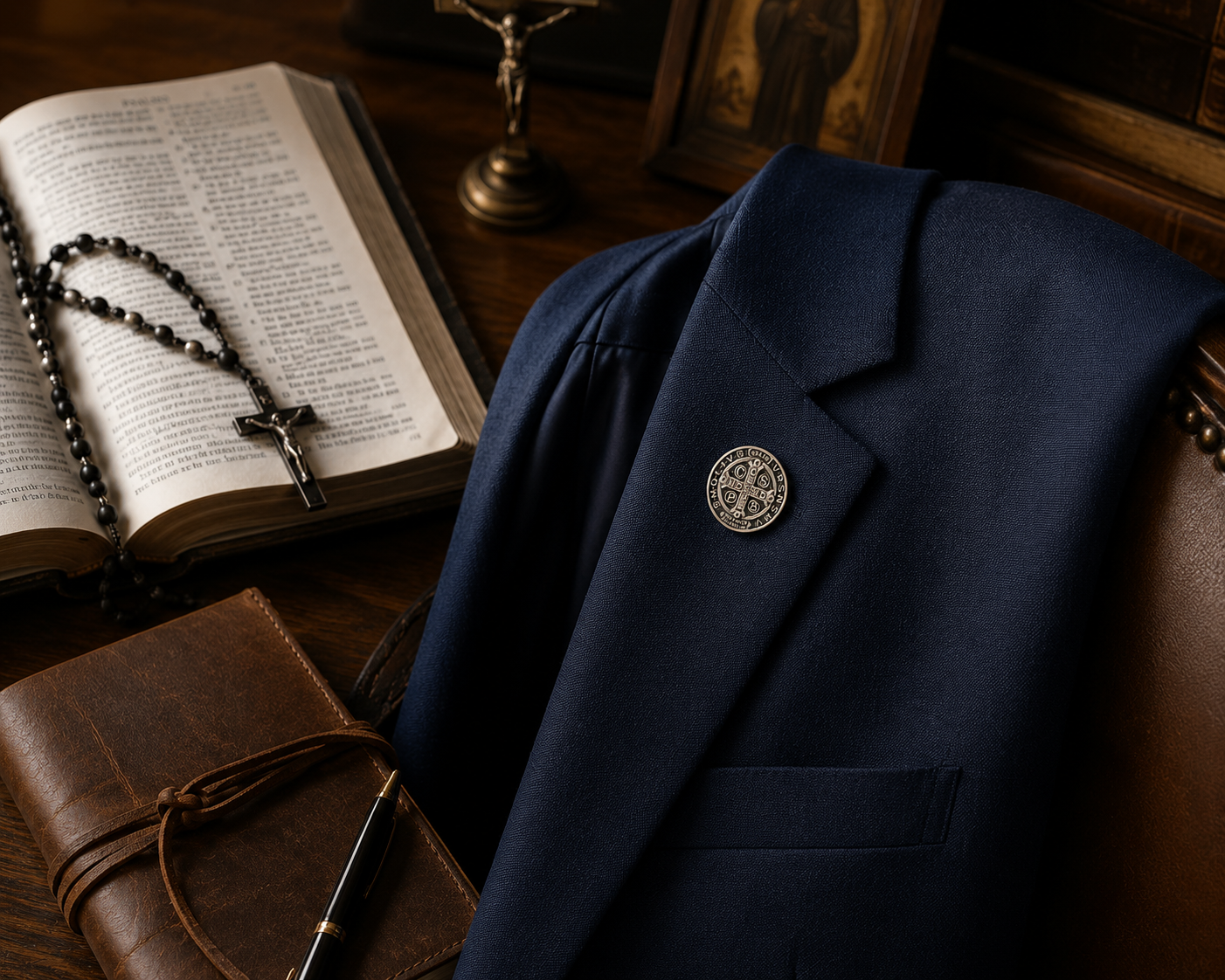 Navy blazer with a decorative button next to an open book and leather-bound notebook. Saint Benedict Medal Lapel Pin Silver Catholic Christian Religious Faith Pin for Men