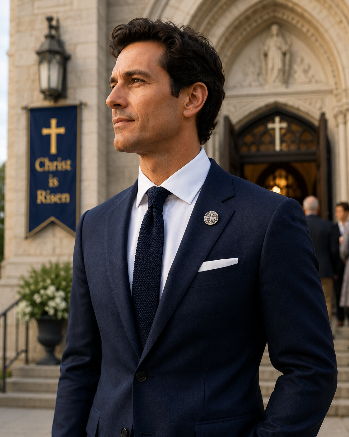 Man in a navy suit standing in front of a church with 'Christ is Risen' sign. Saint Benedict Medal Lapel Pin Silver Catholic Christian Religious Faith Pin for Men