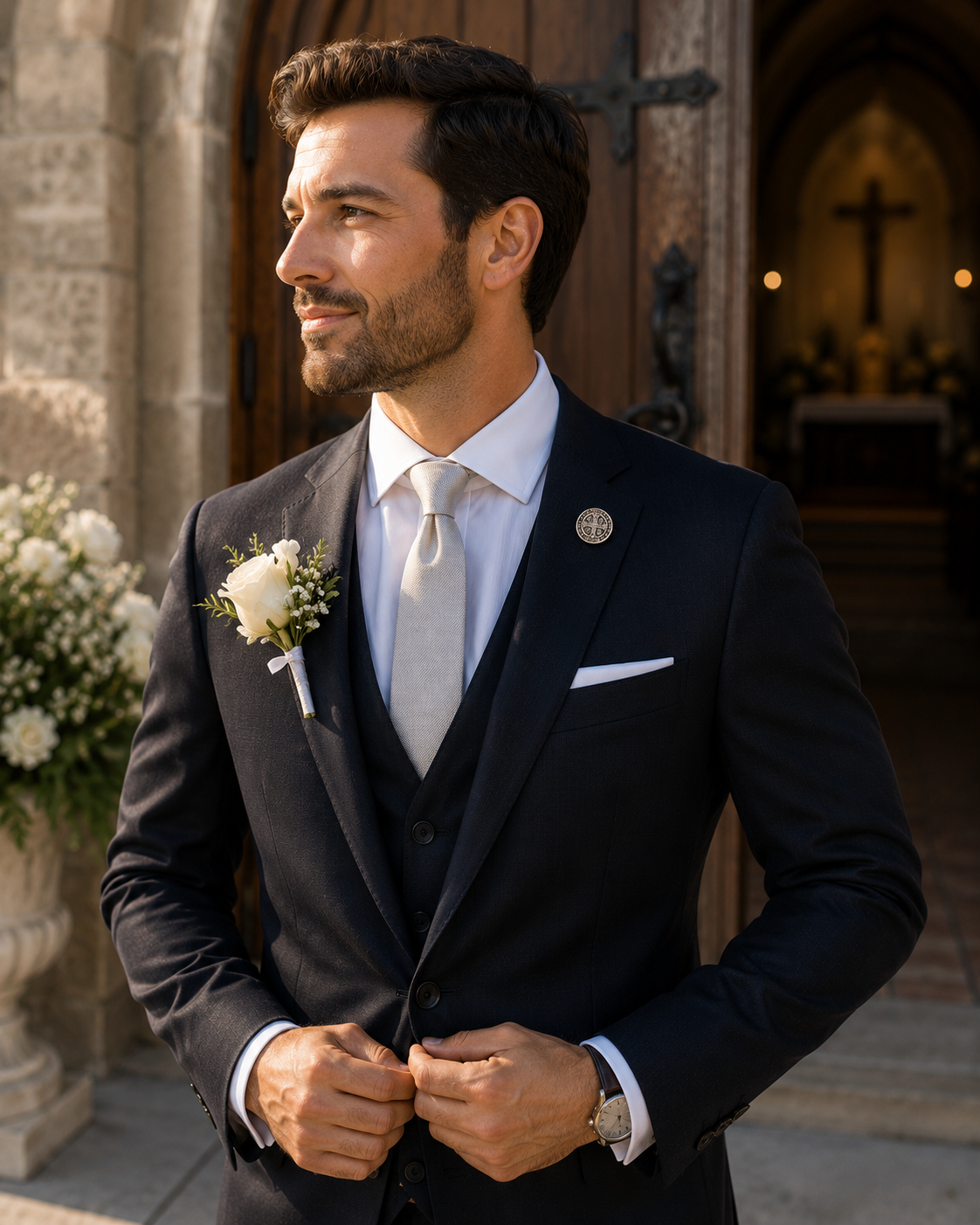 Man in a formal suit standing in front of a church entrance Saint Benedict Medal Lapel Pin Silver Catholic Christian Religious Faith Pin for Men