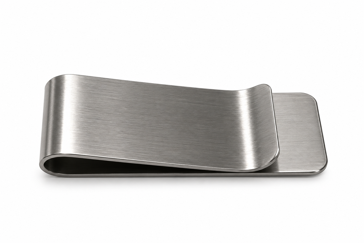 A brushed stainless steel money clip with a rectangular card slot, shown on a clean white background.