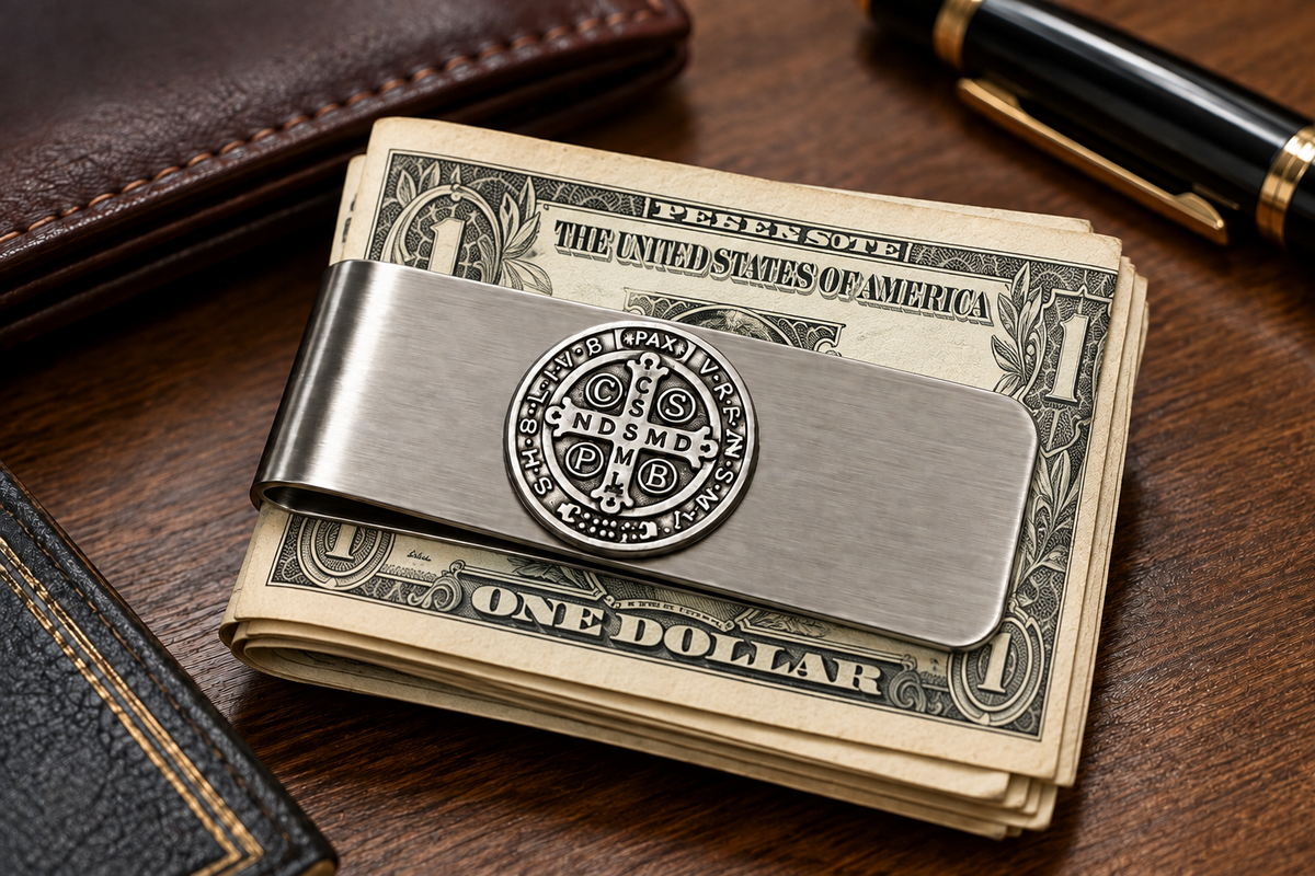 A silver metal money clip holding a stack of one dollar bills on a wooden desk, with a brown leather wallet and a black-and-gold pen partially visible around it.