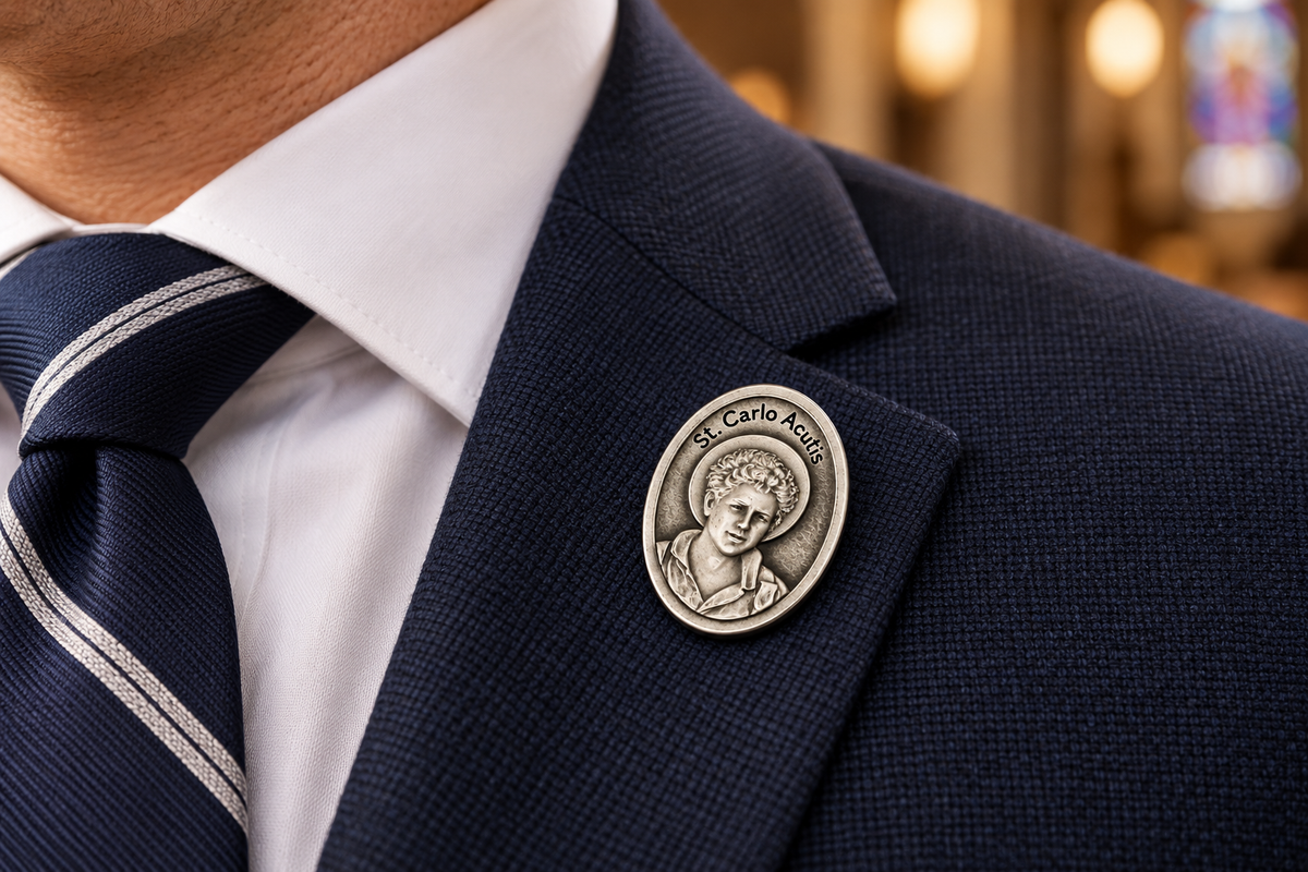 St. Carlo Acutis Lapel Pin blue suit lapel 