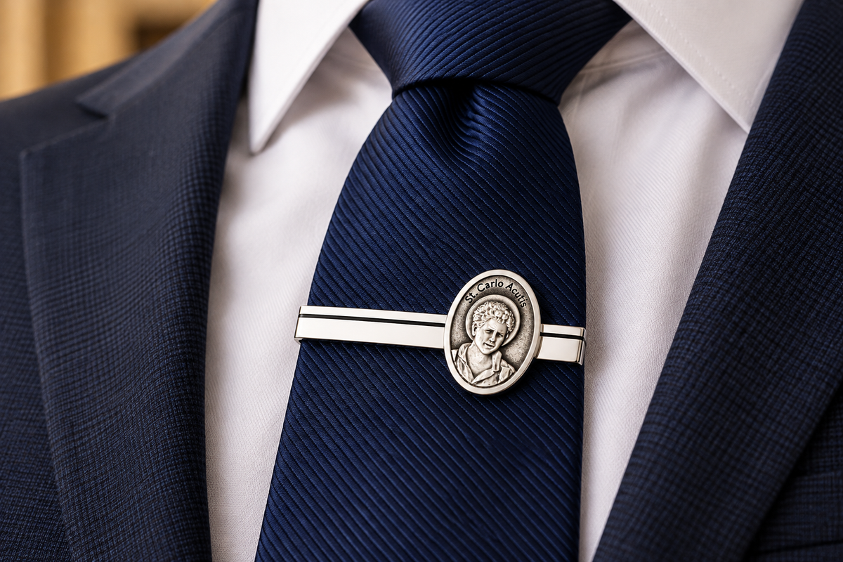 St. Carlo Acutis Tie Clip blue suit