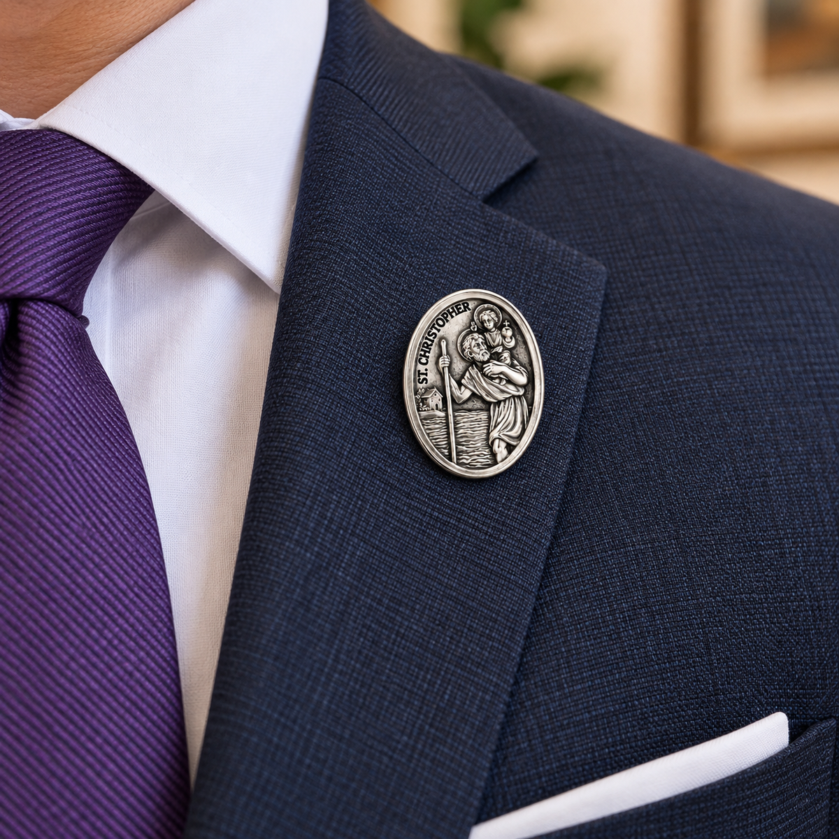 St. Christopher Lapel Pin blue suit