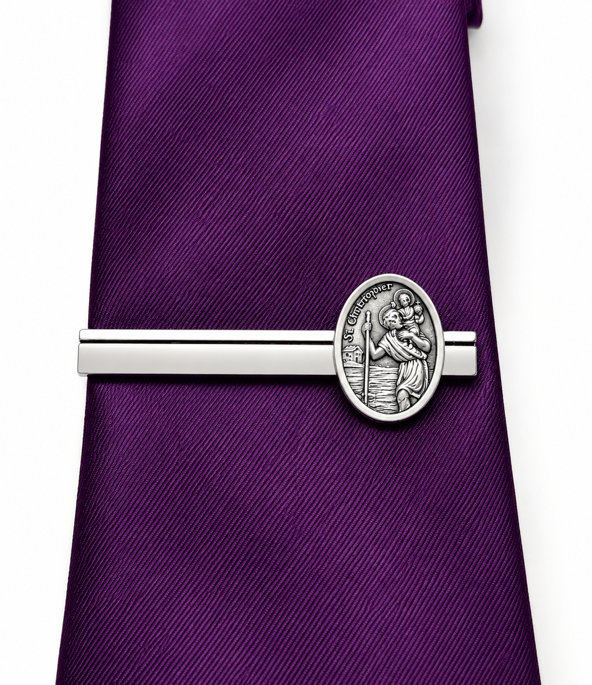 St. Christopher Tie Clip  purple tie close up