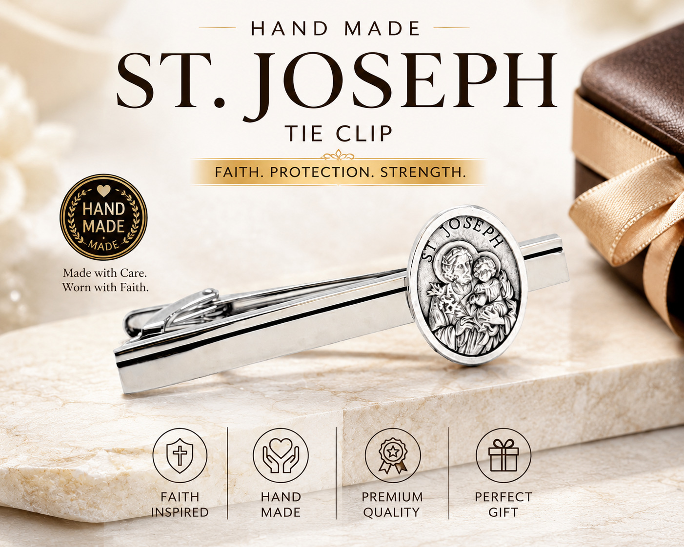 St. Joseph tie clip with packaging on a light background