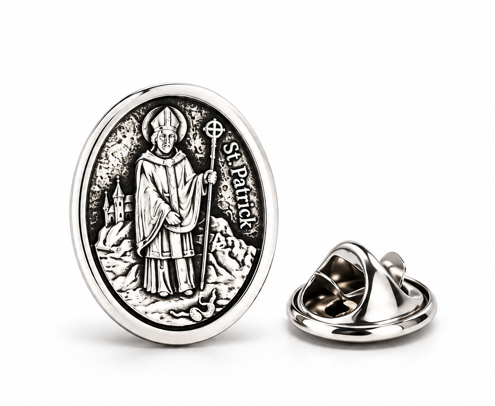 Silver St. Patrick Catholic lapel pin with detailed Saint Patrick medal design and clutch backing