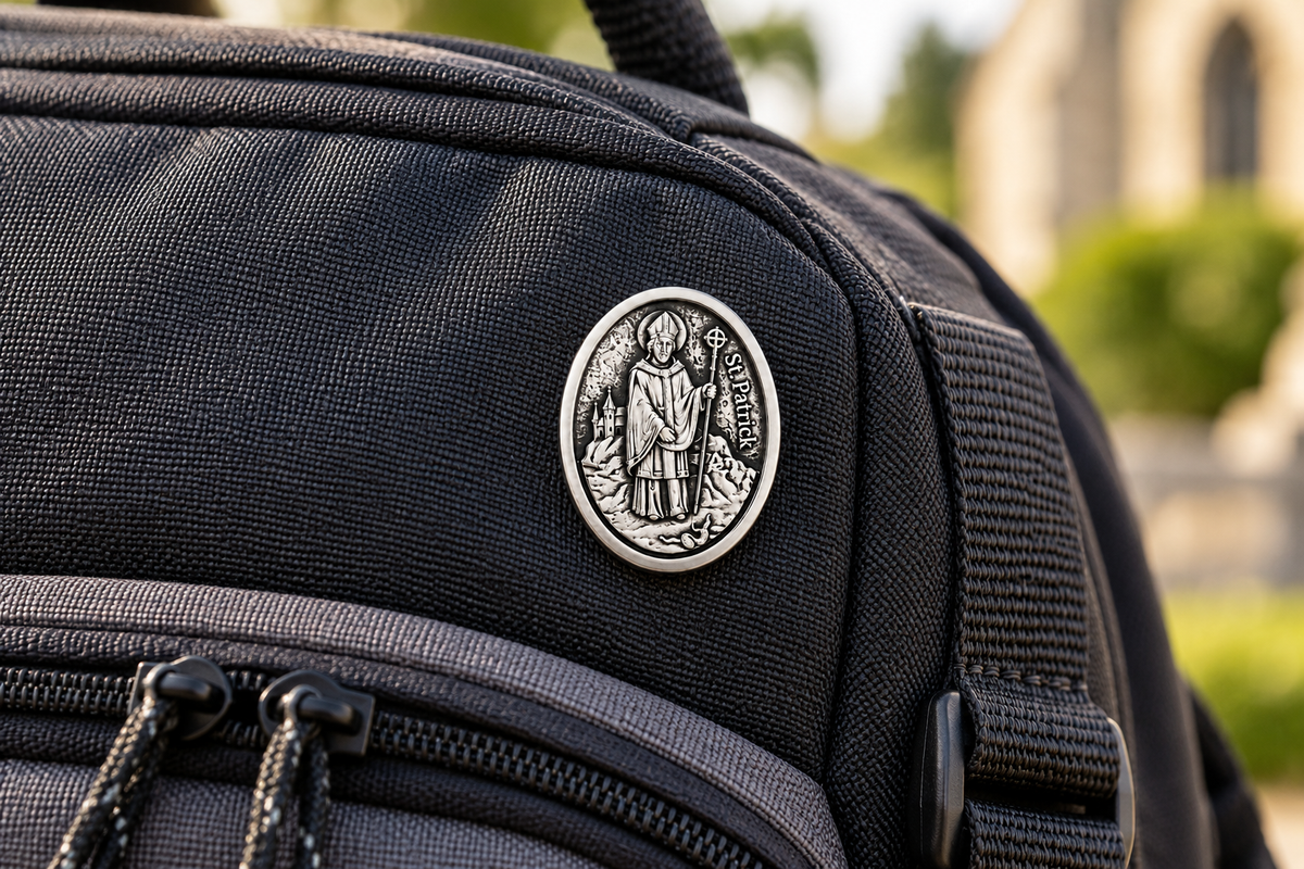 Silver St. Patrick Catholic lapel pin with detailed Saint Patrick medal design and clutch backing back pack