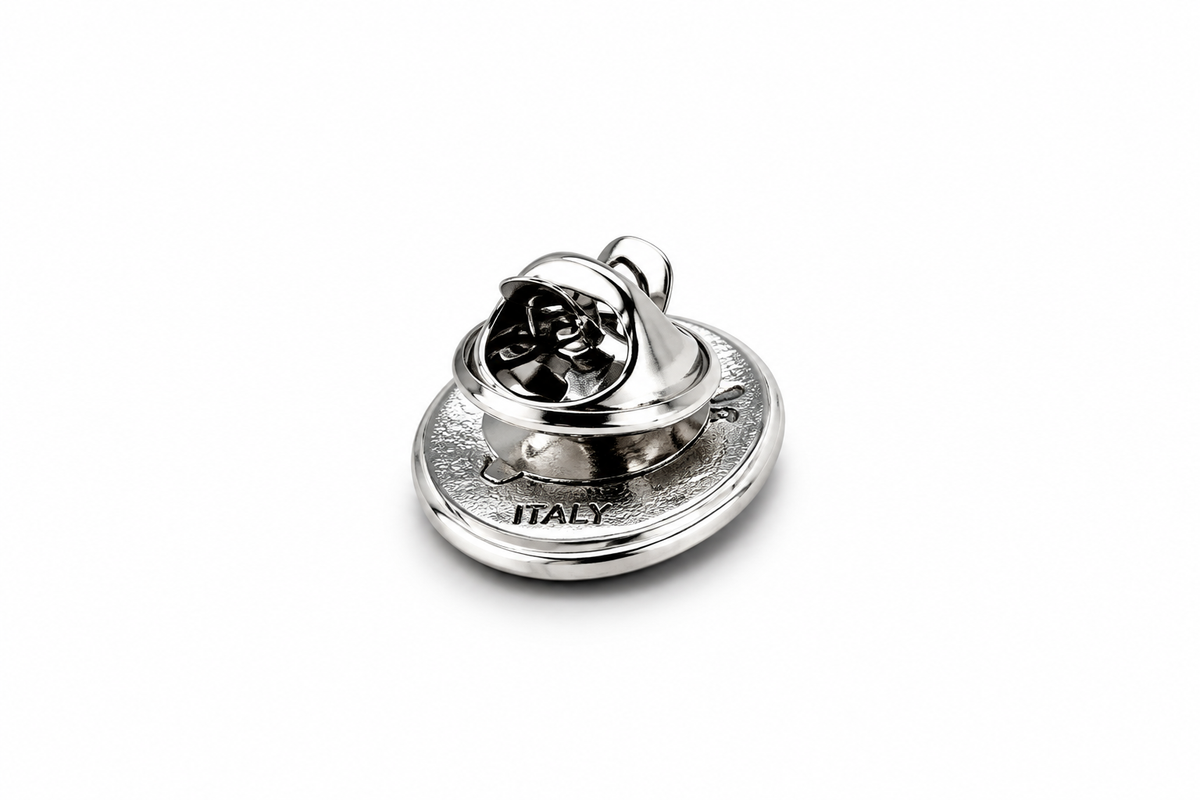 Silver St. Patrick Catholic lapel pin with detailed Saint Patrick medal design and clutch backing