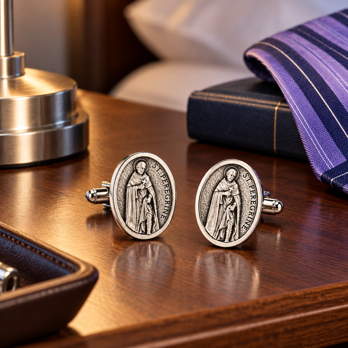 A pair of oval silver-toned cufflinks featuring an embossed religious medallion of Saint Christopher, displayed on a polished wooden table next to a purple striped necktie, a brass lamp base, and a dark book.