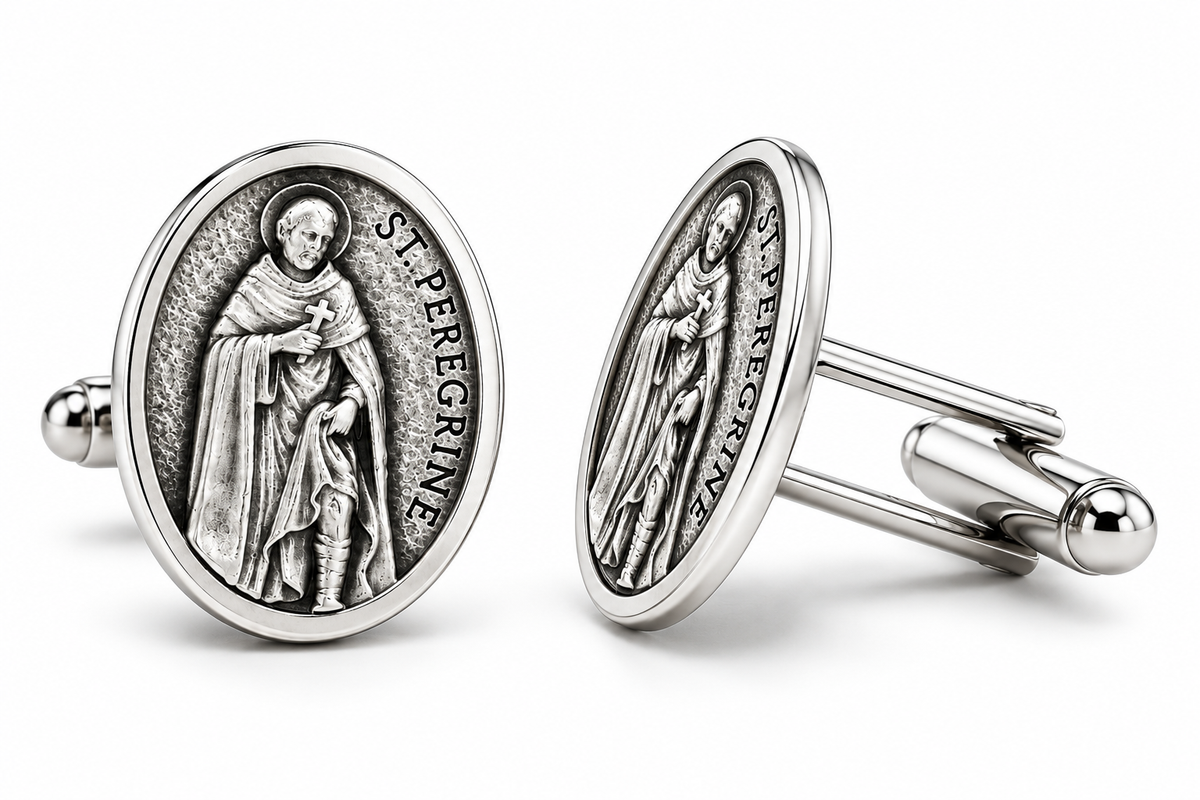 A pair of silver-toned oval cufflinks featuring a Saint Persegine religious medallion design, shown on a clean white background.