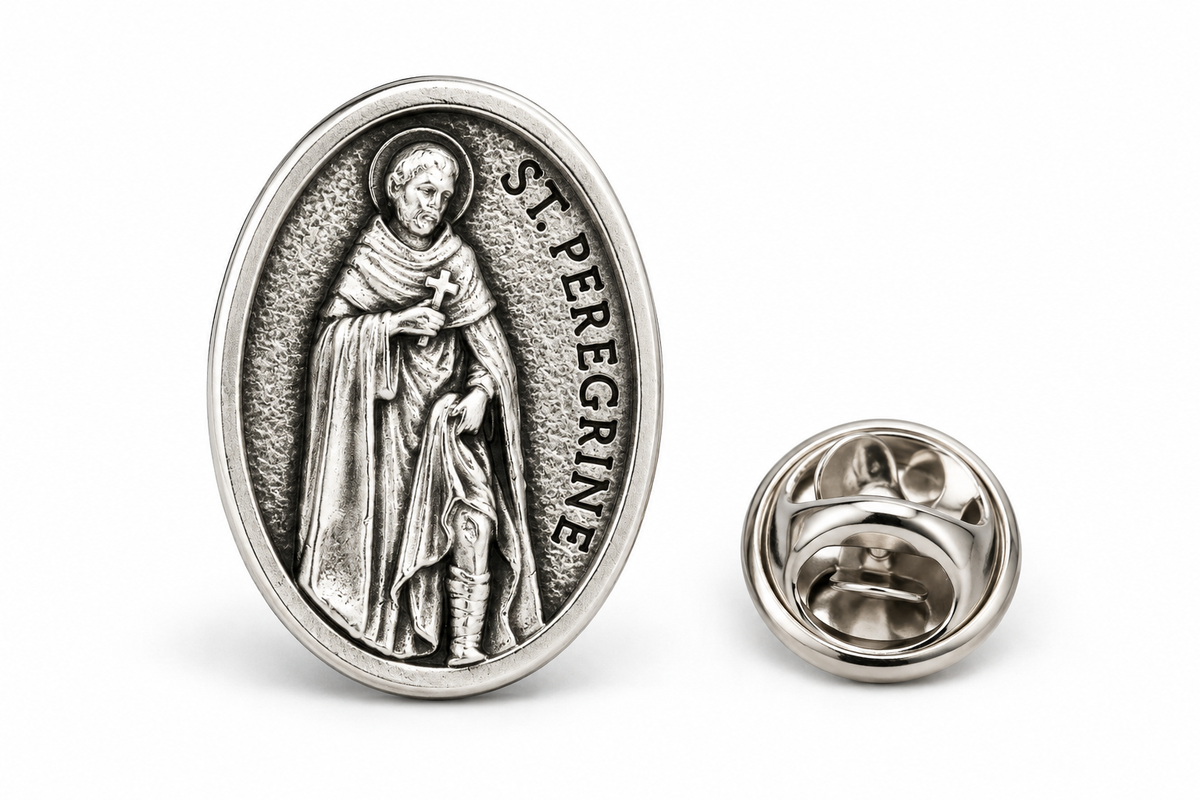 An oval silver-tone Saint Persecine lapel pin shown from the front and back on a white background. The front features an embossed figure of Saint Persecine with the text 'ST.