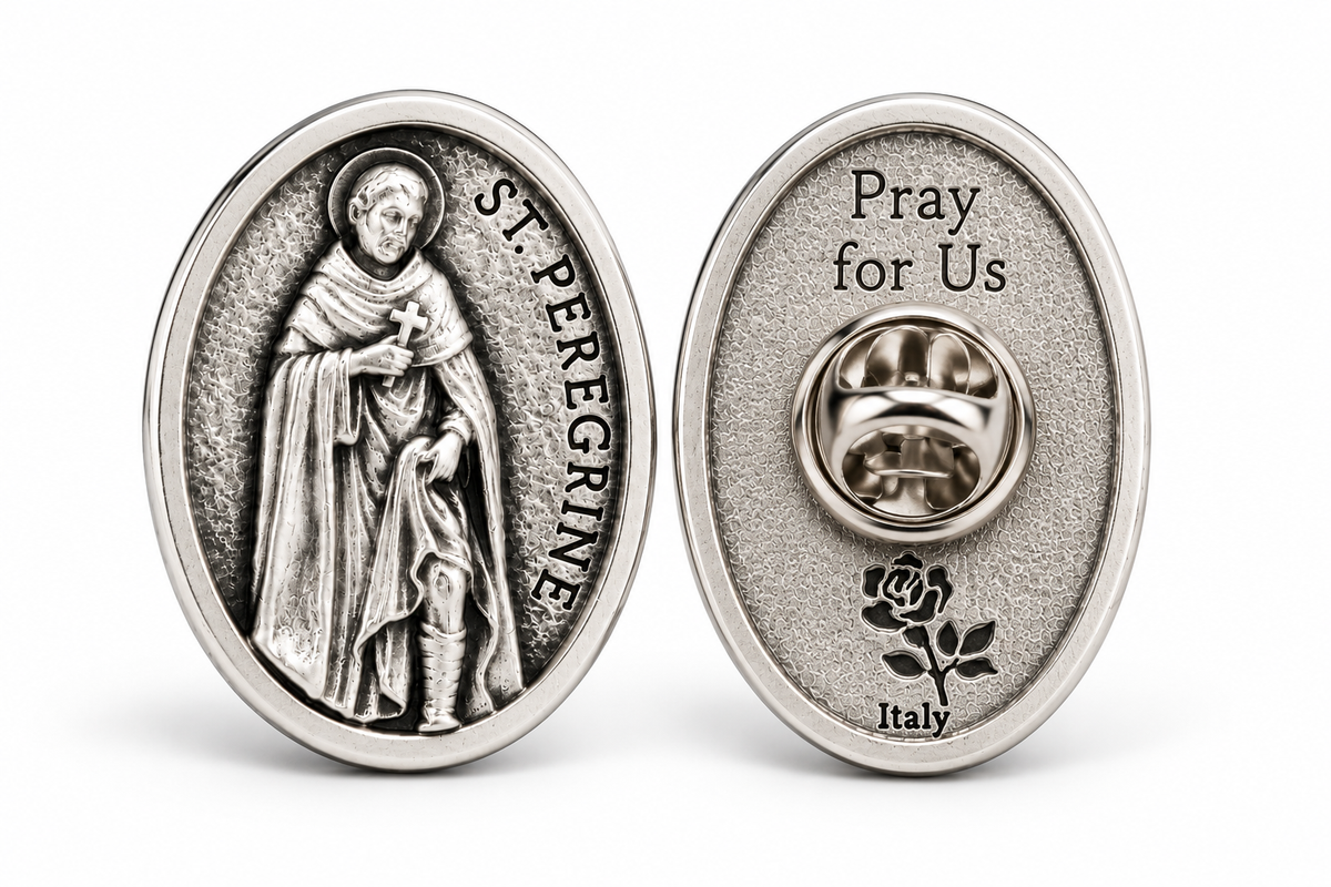 Two oval silver-tone religious pin backs shown side by side on a white background. The left side shows a raised relief of Saint Peregrine with the text 'ST.