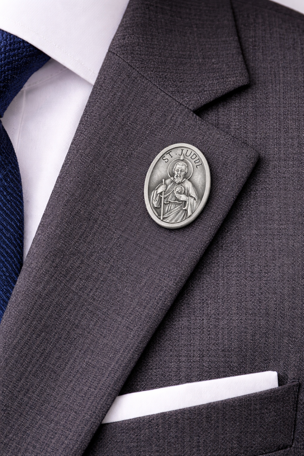 St. Jude lapel pin in antique silver featuring detailed religious design, Catholic patron saint of hope and impossible causes