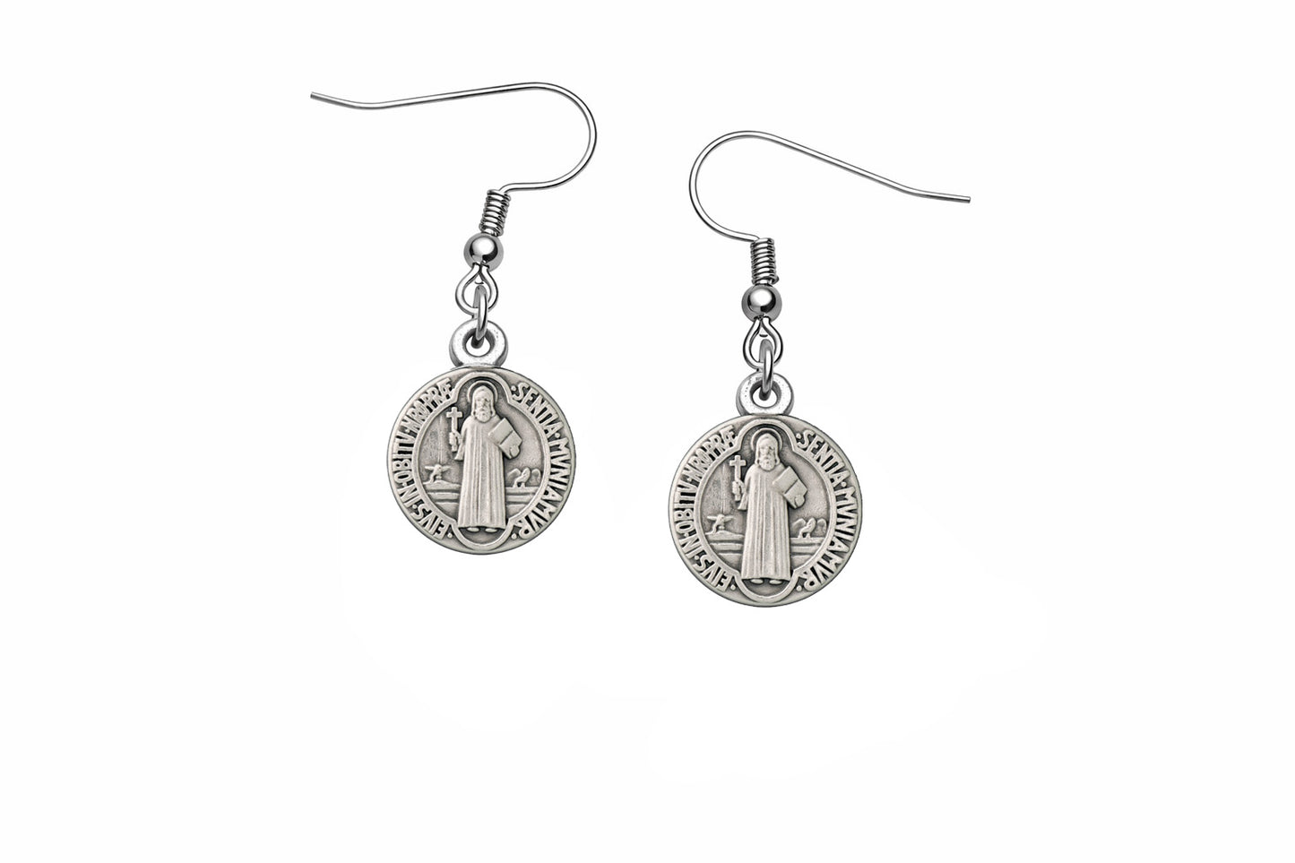 Saint Benedict Medal Silver Dangle Earrings Catholic Christian Religious Jewelry for Women