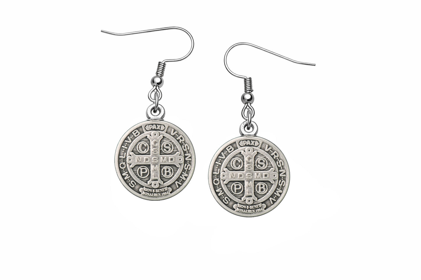 Saint Benedict Medal Silver Dangle Earrings Catholic Christian Religious Jewelry for Women